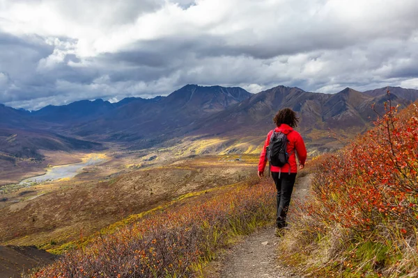 Veduta panoramica della donna che cammina in un giorno nuvoloso d'autunno — Foto Stock