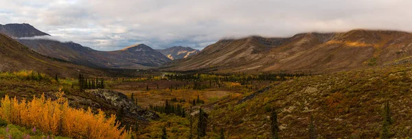 Krásný panoramatický pohled na barevný podzimní les a hory — Stock fotografie