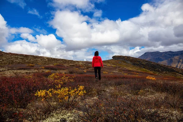 Mulher caminhando ao longo Scenic Trail em uma montanha — Fotografia de Stock