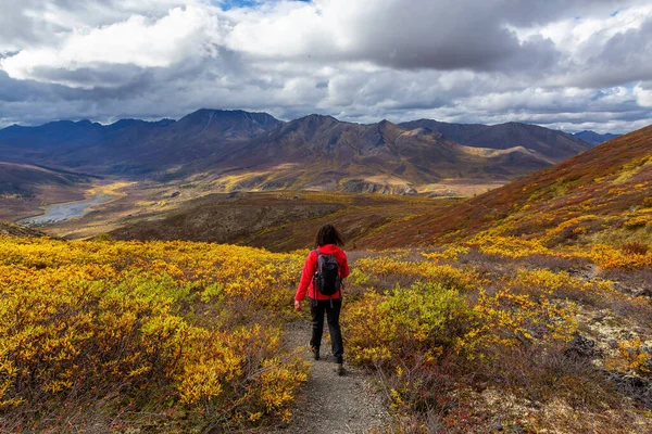 Escursioni delle donne lungo il sentiero panoramico su una montagna, durante l'autunno — Foto Stock