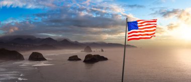 American National Flag Overlay. Cannon Beach, Oregon, United States clipart
