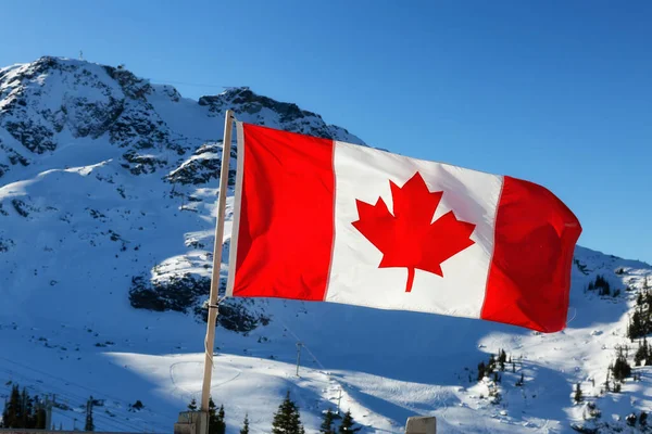 Bandeira canadense com uma paisagem de montanha de inverno — Fotografia de Stock