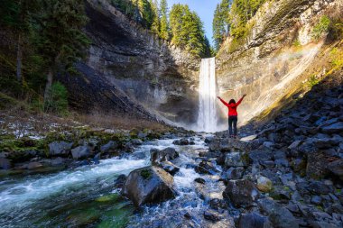 Kanada doğasında güzel bir şelaleyi izleyen kız.