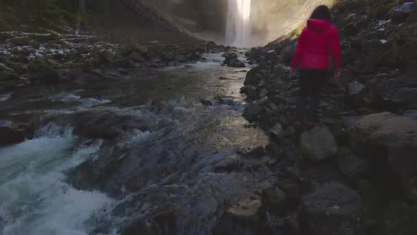 Девушка наблюдает красивый водопад в канадской природе — стоковое видео