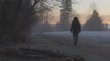 Kız sisli kış gündoğumunda parkta yürüyor
