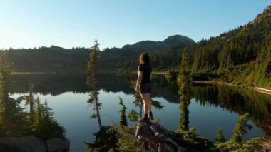 Ağaç kütüğünde duran Kız Manzaralı Göl 'e bakıyor