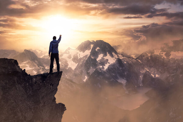 Magical Fantasy Adventure Composite of Man Hiking on top of a rocky mountain