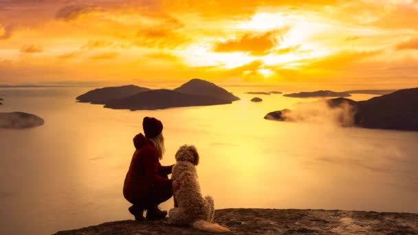 Chica aventurera Senderismo en la cima de una montaña con un perro. Cinemagraph Animación de bucle continuo. — Vídeos de Stock