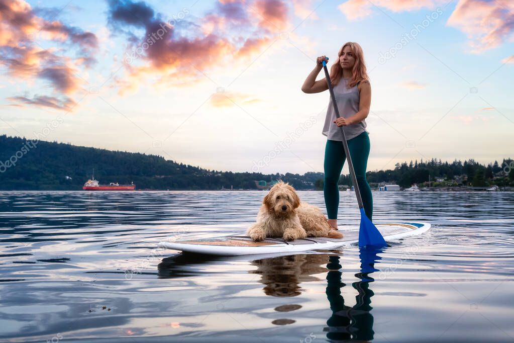 Girl with a dog on a paddle board