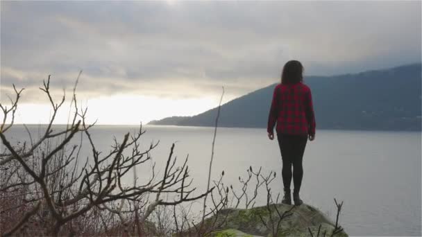 冒险的女孩看着西太平洋海岸美丽的风景 — 图库视频影像