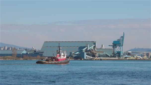 Holownik przemysłowy ciągnący ładunek w Burrard Inlet — Wideo stockowe