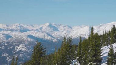 Karlı Orman kışın dağların tepesinde Güneşli Sabah boyunca.