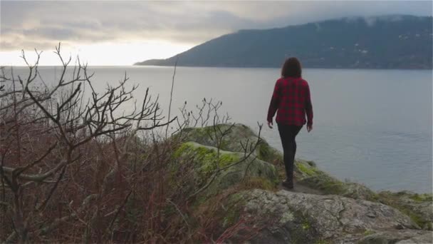 Menina aventurosa olhando para a bela paisagem na costa oeste do Oceano Pacífico — Vídeo de Stock