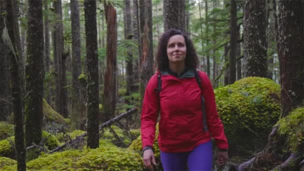 Ragazza Escursioni su un sentiero nella foresta pluviale durante una stagione invernale piovosa. — Video Stock