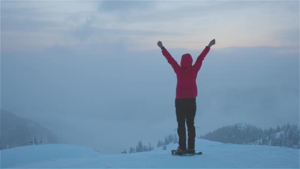 Пригодницька дівчина зі снігоходами Похід на вершину гори — стокове відео