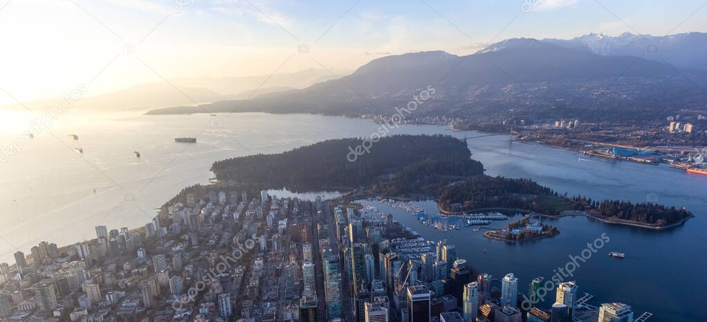 Aerial View from Airplane of Vancouver Downtown, British Columbia, Canada