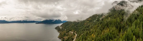 Aerial panoramic view of the Sea to Sky Highway in Howe Sound — Stock Photo, Image