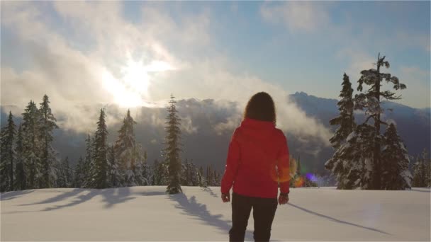 Женщина-альпинистка на вершине канадских гор — стоковое видео