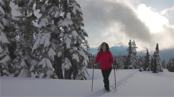 Женщина-альпинистка на вершине канадских гор — стоковое видео