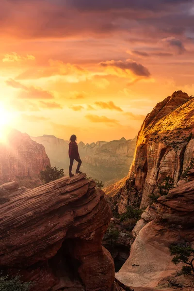 Mujer aventurera en el borde de un acantilado está mirando un hermoso paisaje — Foto de Stock