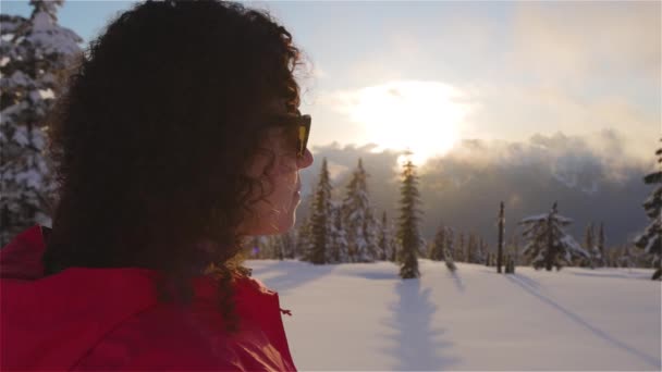 探险妇女在加拿大高山顶上远足 — 图库视频影像