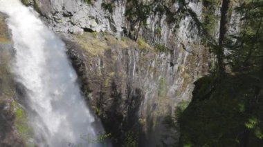 Kanada Dağları 'ndaki kayalık bir kanyondan çağlayan şelale..