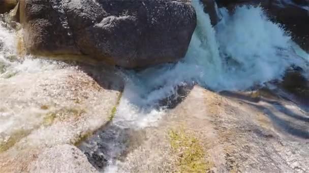 Flytande vatten runt klipporna på toppen av Shannon Falls. — Stockvideo