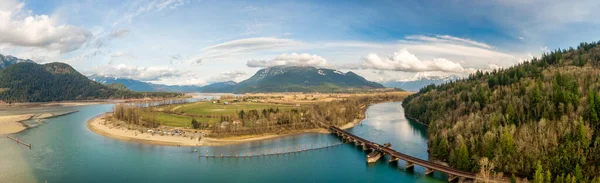 Aerial Panoramic View of a River in the valley surrounded by Canadian Landscape. — Stock Photo, Image