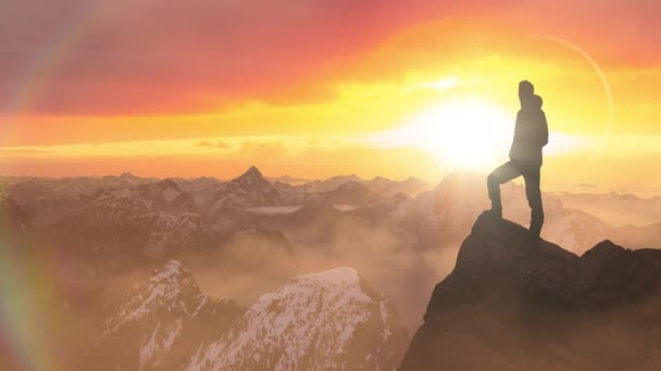 Magical Fantasy Adventure Composite of Man Hiking on top of a rocky mountain — Stock Video