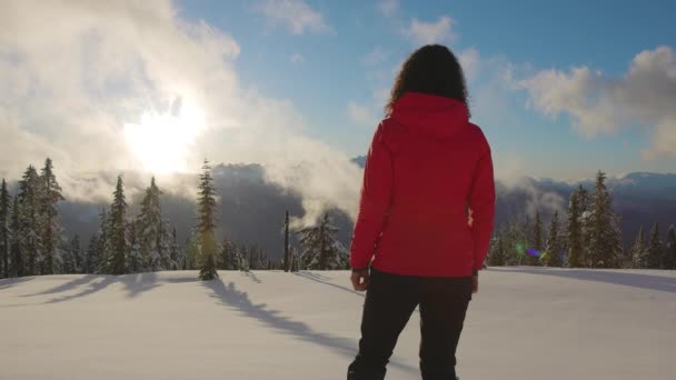Adventure Woman Wandelen op de top van de Canadese bergen — Stockvideo