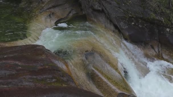 Vatten rinner nedför den mjuka klippiga ravinen i Kanadas bergslandskap — Stockvideo