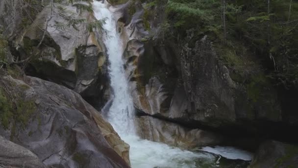 캐나다 산악 풍경에 있는 매끄러운 바위투성이 협곡을 따라 흐르는 물 — 비디오