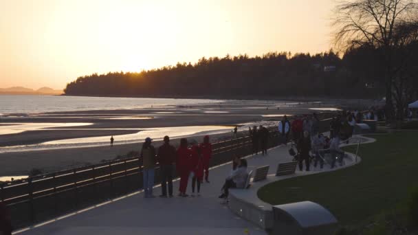 人们正在码头附近的海滩上欣赏美丽的落日 — 图库视频影像