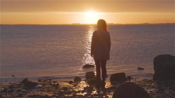 Abenteuer Kaukasische erwachsene Frau steht auf einem felsigen Strand — Stockvideo