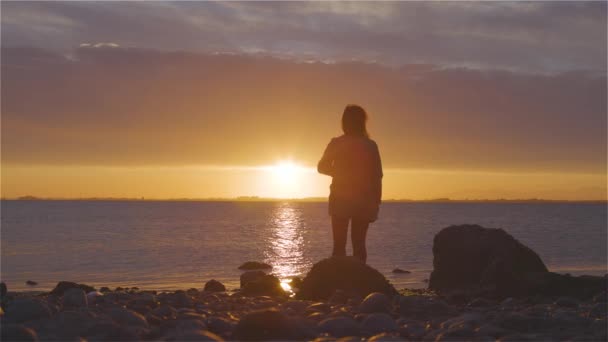 Abenteuer Kaukasische erwachsene Frau steht auf einem felsigen Strand — Stockvideo