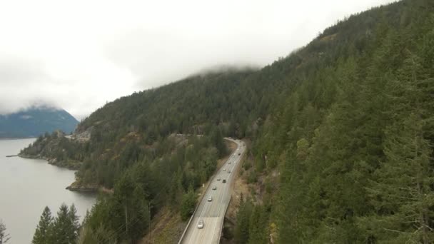 Air view of the Sea to Sky Highway in Howe Sound, North of Vancouver — Stock video