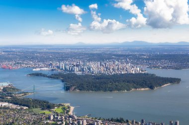 Aerial View of Lions Gate Bridge, Stanley Park and Vancouver Downtown