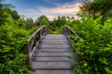 Meşhur Stanley Parkı 'nda, göletin üzerindeki tahta köprü..