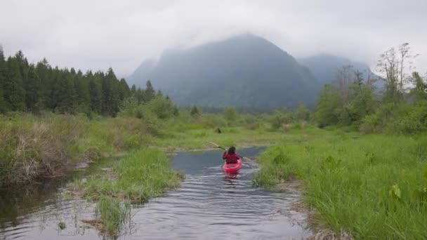 Adventure Caucasian Adult Woman Kayking in Red Kayak — 비디오