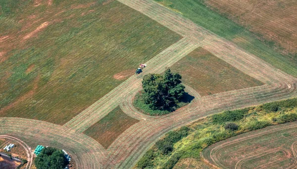 Vista aérea de um trator cortando o campo de grama verde em uma fazenda. — Fotografia de Stock