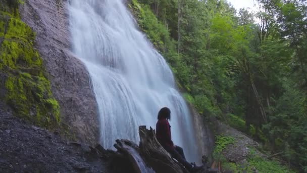 Vrouw kijkt naar de waterval in het Canadese regenwoud. — Stockvideo