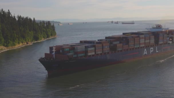 Грузовой корабль прибывает в порт на западном побережье Тихого океана — стоковое видео
