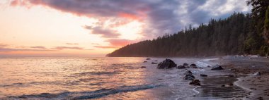 Pasifik Okyanusunun batı kıyısındaki Mystic Beach 'in panoramik manzarası.
