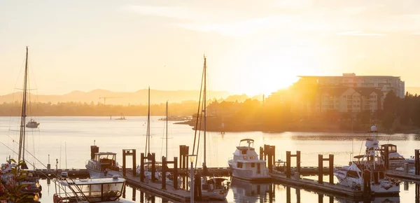 Boats parked at a marina in a modern city park — Stock Photo, Image