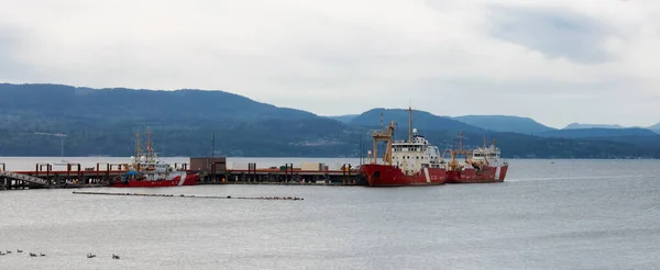 Statek straży przybrzeżnej zaparkowany przy doku w pochmurny letni dzień. — Zdjęcie stockowe