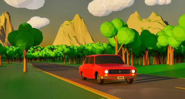 Carro vermelho dirigindo em uma estrada cênica em um vale pelas montanhas rochosas e árvores verdes — Fotografia de Stock