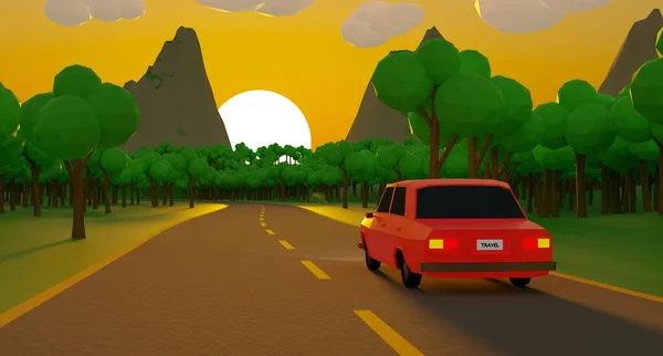 Red Car vezetés egy festői úton egy völgyben a sziklás hegyek és a zöld fák — Stock Fotó