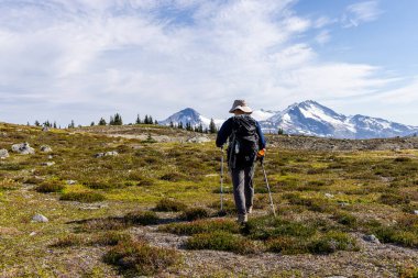 Sırt çantalı ve sırıklı bir yürüyüşçü Whistler, BC, Kanada 'da alp arazisinde yürüyor..