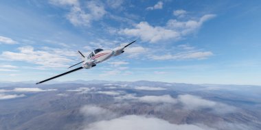 Görkemli sıradağların üzerinde zarif bir şekilde süzülen hafif bir uçak, 3 boyutlu olarak oluşturuldu..