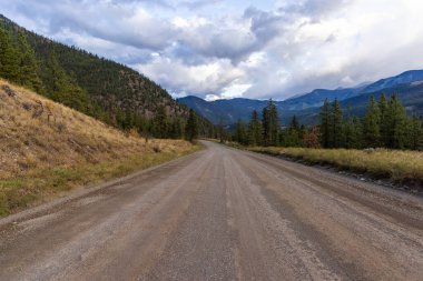 Kanada, BC 'de dağları ve ormanları olan orman arazisi boyunca uzanan toprak yol..